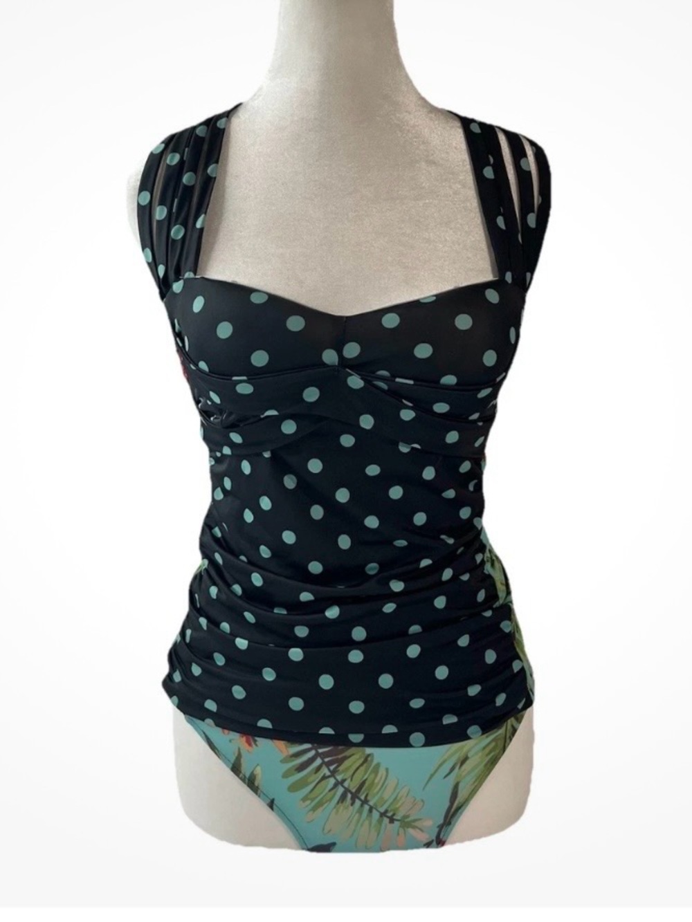 Women’s Black Polka Dot Tankini Top with Aqua Bikini Bottoms